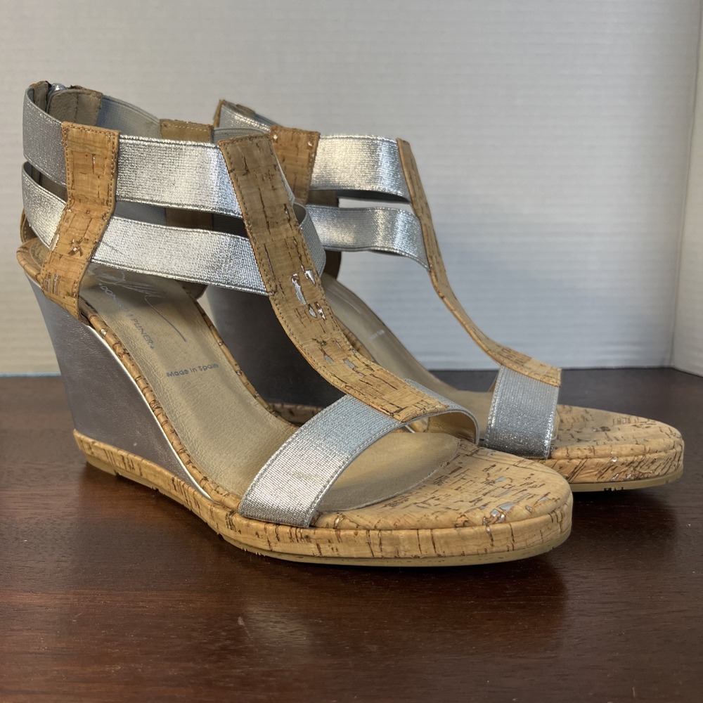 Donald J Pliner Majio T-Strap $280 Cork Wedge Heels Size 10 Silver Metallic Shoe